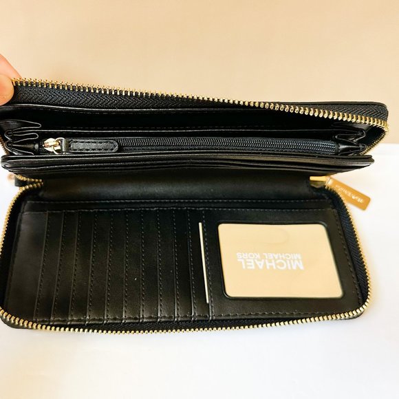 Michael Kors Jet Set Travel Large Continental Leather Wallet Black/Gold - Picture 7 of 10